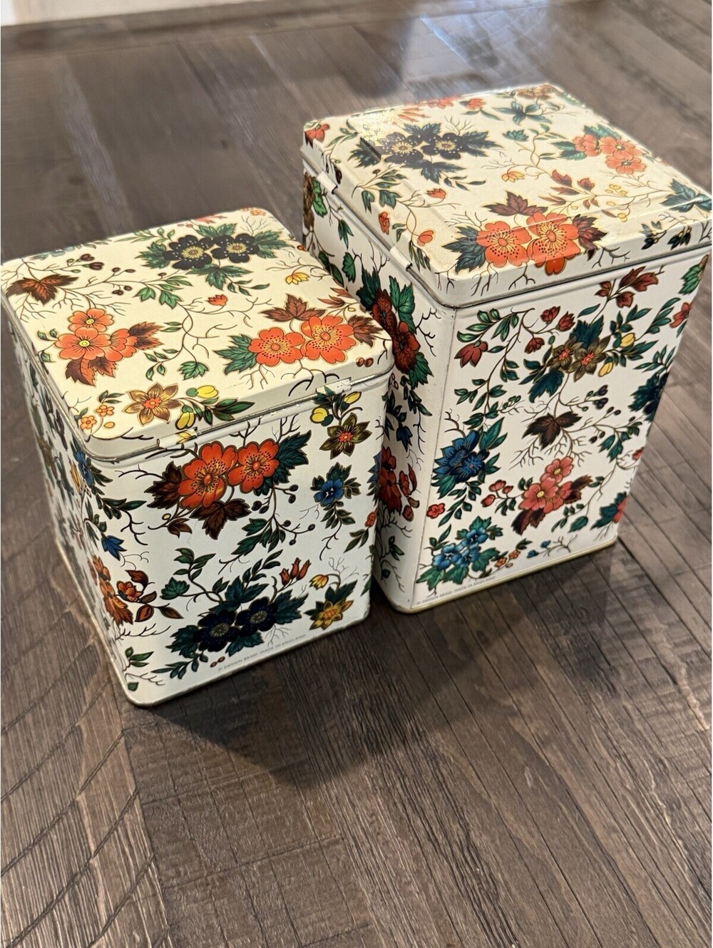 Vintage Daher Tin Floral Botanical Set Of 2 Square Containers Long Island